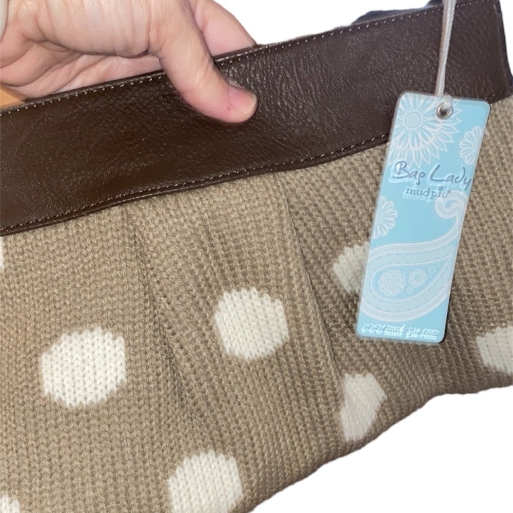Mud Pie Women's Zip Clutch Handbag Purse Sweater Knit Tan White Polka Dot NWT